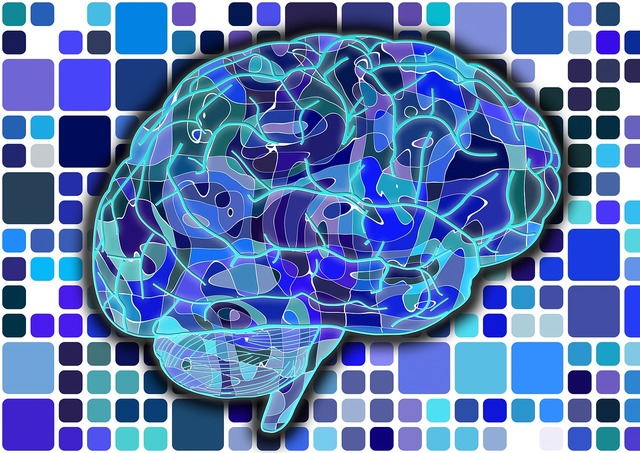 Blue brain on checkered blue background