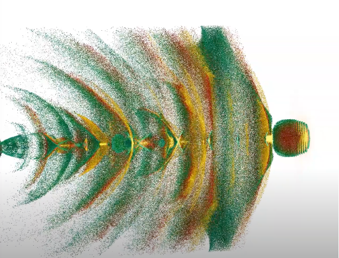 Field of waves and particles in red, gold and dark green moving in a backwards C shape across a white background